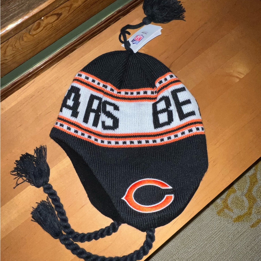 NFL Black White Orange Chicago Bears Knit Earflap Beanie